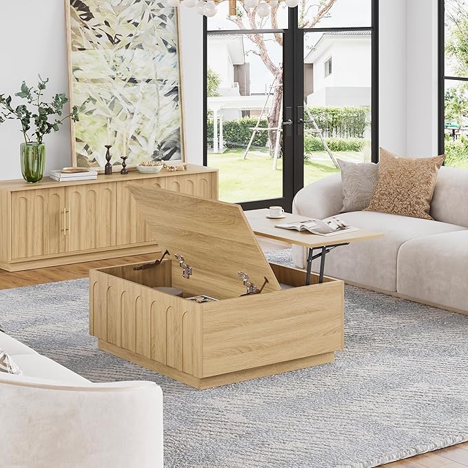 Lift Top Coffee Table with Storage, Modern Coffee Table with Arched Design, 31.5" Square Tea Table with Wood Grain, Boho Multifunctional Center Table for Living Room, Office, Oak