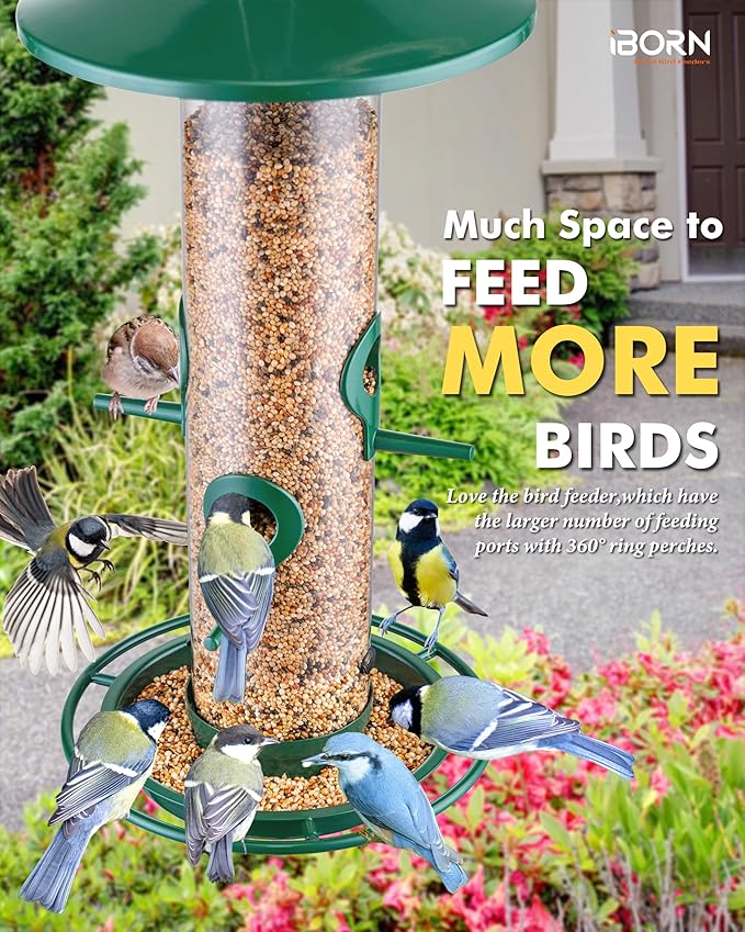 iBorn Bird Feeders for Outdoors, 2LB Metal Bird Feeders 17cm Large Roof &Tray, 4 Feeding Ports, Green Finish