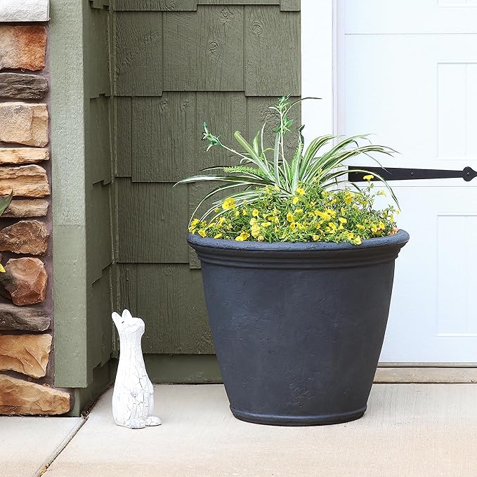 Sunnydaze 24-Inch Anjelica Large Plastic Pot for Plants - Outdoor Polyresin Round Planter with Drillable Drainage Holes - Slate