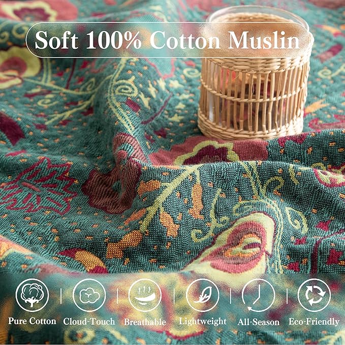 Boho Throw Blanket Twin Size, Soft Cozy Cotton Muslin Quilt Blanket for Bed Decor, Floral Patterned Couch Sofa Chair Cover, Vintage Farmhouse Cottage Tapestry Woven Blanket, Green&Orange