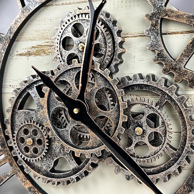 The B-Style Large Wall Clock 24 inch Moving Gear Wall Clock Oversized Vintage Farmhouse Wall Clocks for Living Room Decor Rustic Industrial Wood Clock (Desert Beige, 24 inch/60cm)