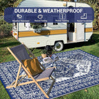 GAOMON Large Outdoor Plastic Straw Rug 10x14 Waterproof Patio Rug Reversible Foldable Portale Camping Mat with Stakes & Bag, Vintage Boho Outside Carpet for RV Garden Deck Porch, Navy