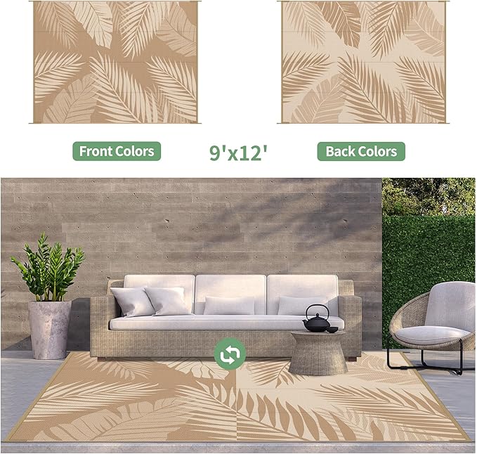 GENIMO Outdoor Rug 9' x 12' Waterproof for Patios Clearance, Reversible Outdoor Plastic Straw Camping Rug Carpet, Large Area Rugs Mats for RV, Camper, Deck, Balcony, Porch, Beach, Picnic, Brown&Beige