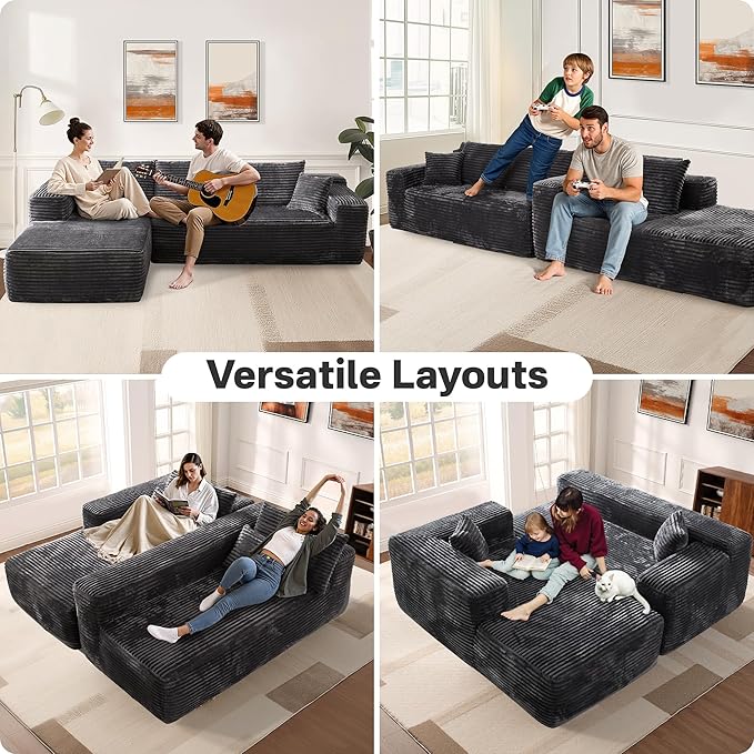 104" Cloudy Sectional L Shaped Couch for Living Room, No Assembly Required, Modular Comfy Sofa with Deep Seat, Fluffy Couch with Sleeper Chaise for Apartment Lounge (Grey)