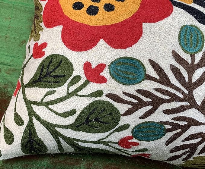 Lumbar Cream Suzani Cushions - Boho Floral Throw Pillows | Outdoor Pillows & Chair Cushions - Hand Embroidered Wool Size - 14x20