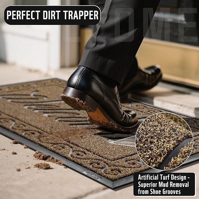 Yimobra Welcome Front Door Mat, Heavy Duty Easy Clean Doormat Indoor Outdoor, Waterproof Quick Dry Floor Mat for Home, Garage, Hign Traffic Areas, Non Slip, Low Profile, 29.5X17 Inches, Beige Brown