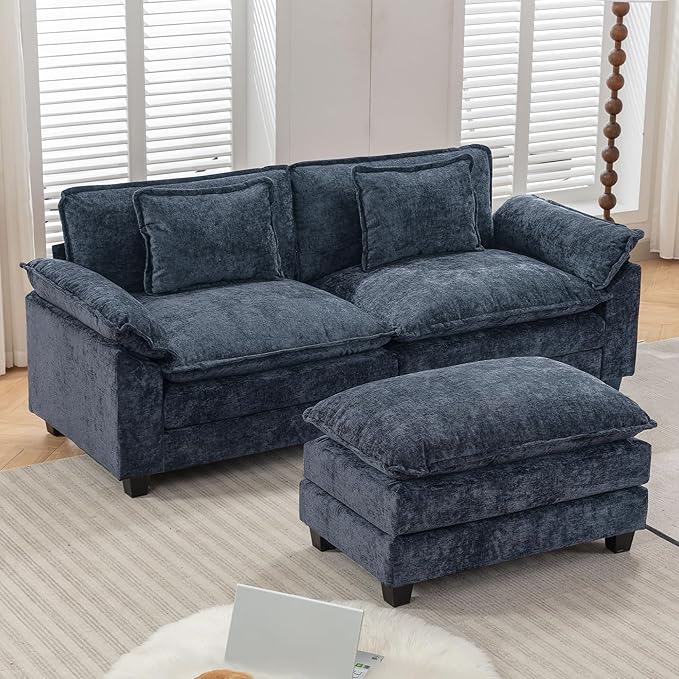 URRED Modular Sectional Sofa Comfy Cloud Couch, Modern Chenille Sofa Sleeper Deep Seat Couches with Ottoman/Pillows for Living Room (Blue, 82.6''- L Shape)