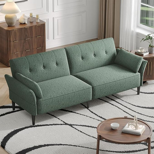 89” Futon Sofa Bed, Linen Comfy Futon Couch Bed with 2 Square Pillows, Convertible Sleeper Sofa with Adjustable Backrest& Armrests, Modern Loveseat Sleeper for Living Room, Bedroom, Green
