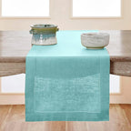 Solino Home Linen Aqua Blue Table Runner 132 Inches Long - 100% Pure Linen Extra Long Table Runner 14 x 132 Inch - Classic Hemstitch