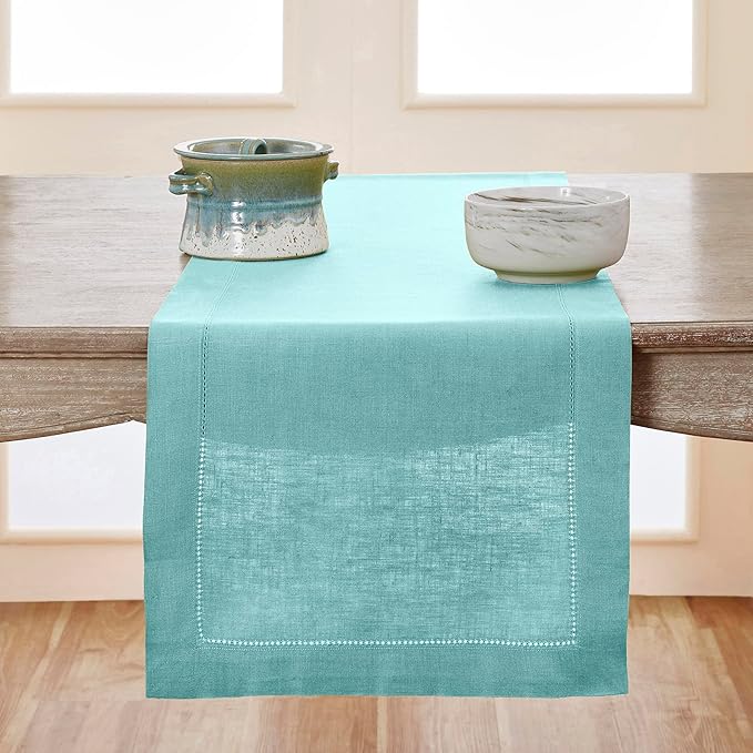Solino Home Linen Aqua Blue Table Runner 132 Inches Long - 100% Pure Linen Extra Long Table Runner 14 x 132 Inch - Classic Hemstitch