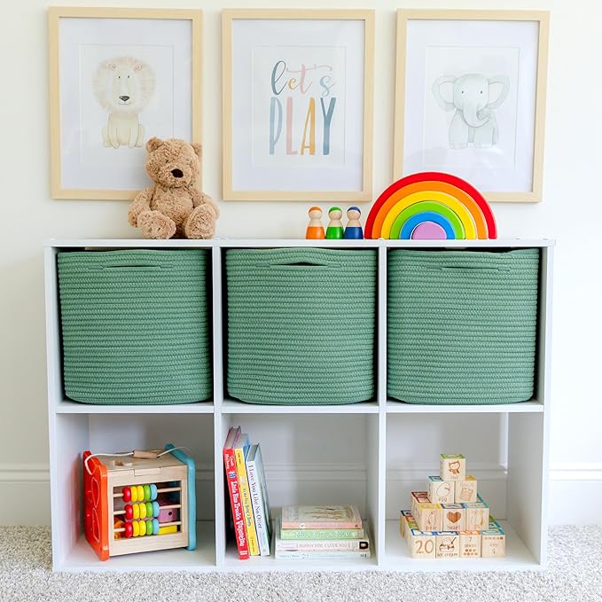 NaturalCozy 13 Inch Cube Storage Bins Cotton Rope Woven Baskets for Organizing 3-Pack | 13 x 13 Storage Cubes | Fabric Square Storage Baskets for Shelves Organizer, Kids Toy Bins, Closet Baby Nursery