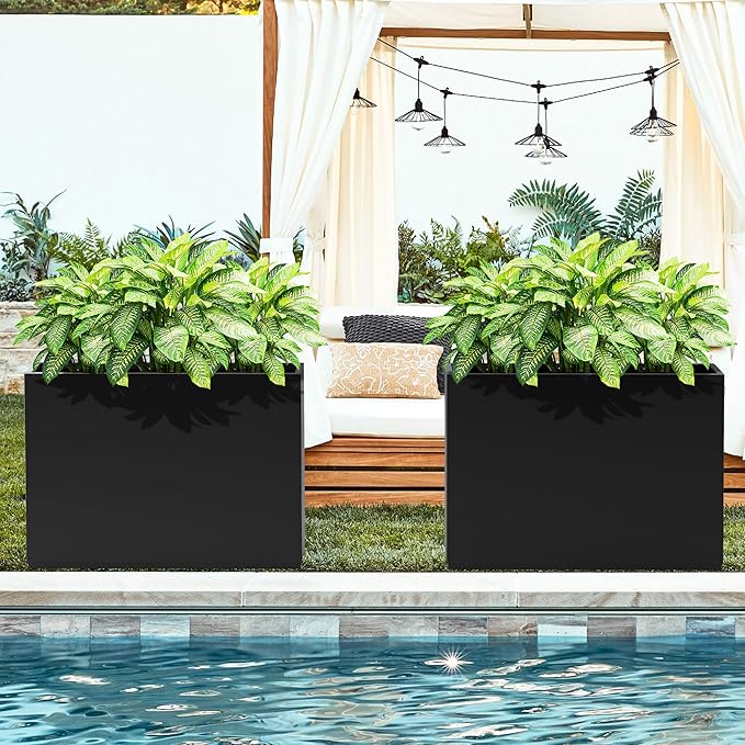 FENCY Metal Rectangular Planter Box Large Planters for Outdoor Plants, Rectangular Tall Planters for Outdoor Plants with Drainage Holes (35.4" L x 9" W x 25.6" H)