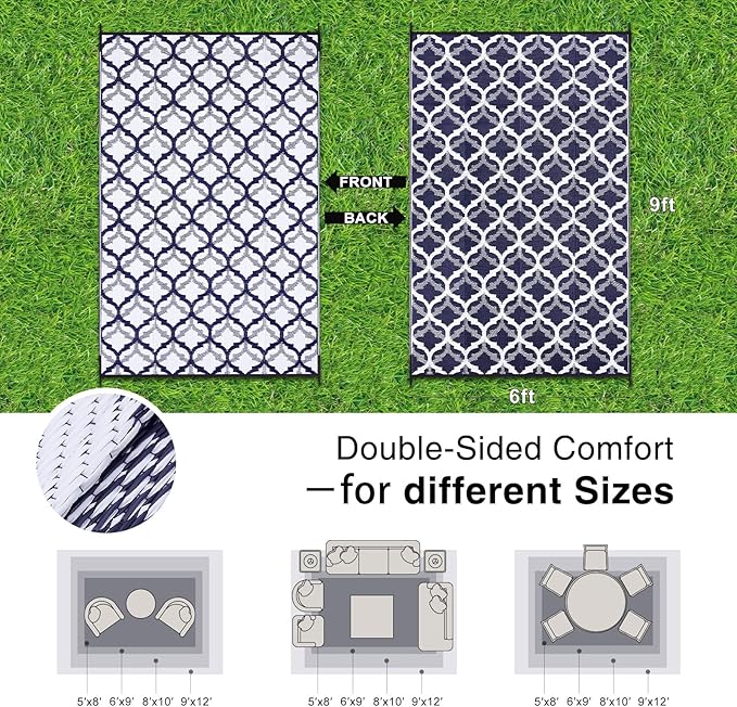 OLANLY Reversible Outdoor Rug 6x9 ft Clearance, Waterproof Outdoor Plastic Straw Rug with Interlacing Pattern, RV Mat for Patio, Camping, Balcony, Deck, Backyard, Navy & White