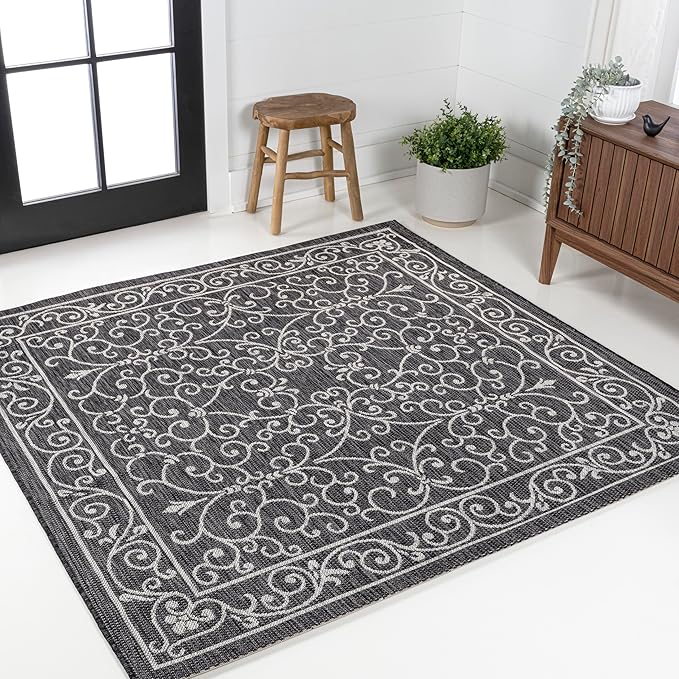 JONATHAN Y Vintage Filigree Indoor Outdoor Square Area Rug 5X5 Black/Gray, Charleston Textured Weave for Backyard, Patio, Porch, Easy-Cleaning, High Traffic, Pet-Friendly, Non-Shedding (SMB106G-5SQ)
