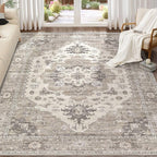 Washable Area Rugs for Living Room - 7x9 Neutral Vintage Distressed Floral Farmhouse Boho Large Soft Floor Rug Indoor Non Slip Carpet for Living Room Bedroom Dining Room Office -Brown/Beige