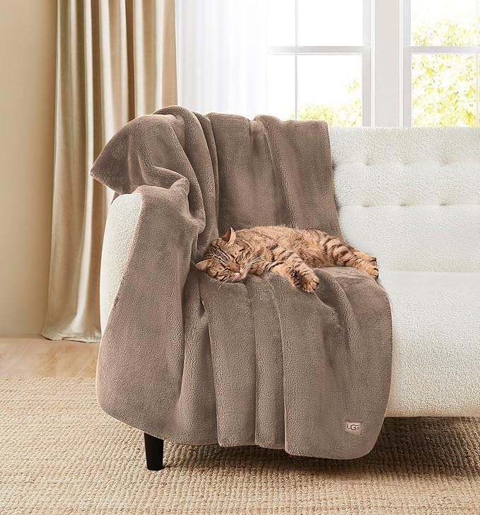 UGG Whitecap Plush Throw Blanket Fleece Lightweight Soft Throw for Couch or Bed Luxury Home Decor for Living Room Washable Hypoallergenic Blankets for Dorm Decor, 50-inch x 70-inch, Light Fawn Brown