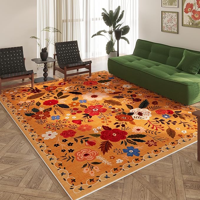 Living Room Rug 6x9 Rug Machine Washable Boho Area Rug Non Slip Floral Vintage Low Pile Large Rug for Living Room, Bedroom, Farmhouse, Dining Room, Kids Playroom(Yellow)