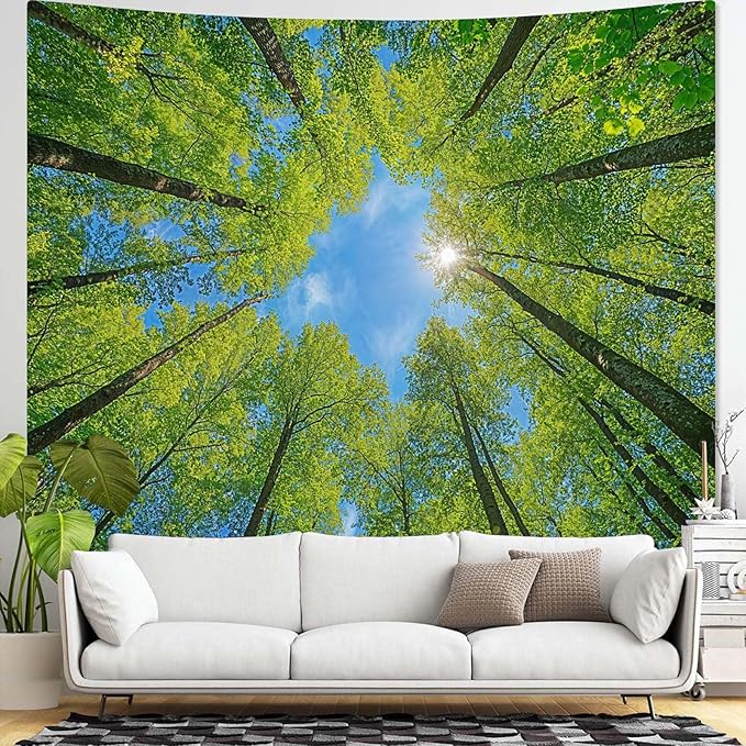 AMM Nature Forest Tree Celling Tapestry Lush Green Treetops Sunlit Tapestry for Bedroom Aesthetic Sky Sunlight Canopy Leaves Landscape Tapestries Wall Hanging for Living Room Dorm Office 60 x 44 Inch