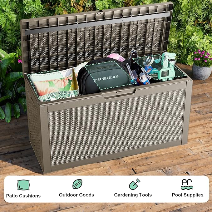 Vixzen 60 Gallon Outdoor Deck Box,Lockable Resin Waterproof Storage Box,UV Resistant,Weather Resistance,Outside Storage Bin for Gardening Tools,Pool Supplies,Gray