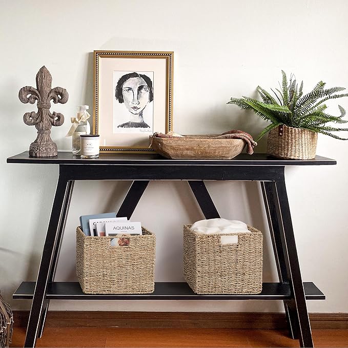 12x12x10in Seagrass Storage Baskets Set of 4, Large Wicker Storage Basket, Decorative Seagrass Shelf Basket, Pantry Baskets Organization,Folding Storage Cube Bins