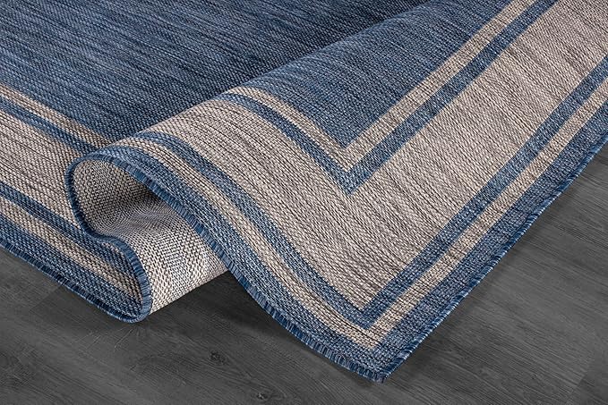 Beverly Rug Large Outdoor Rug 10x14 Modern Bordered Area Rugs for Indoor and Outdoor Patio Deck Porch Garden Waterproof Weather Sun Resistant Washable Outside Carpet (10 x 14 Navy)