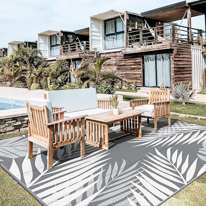 GENIMO Outdoor Rug 10' x 10' Waterproof for Patios Clearance, Reversible Outdoor Plastic Straw Camping Rug Carpet, Large Area Rugs Mats for RV, Camper, Deck, Balcony, Porch, Beach, Picnic, Grey&White