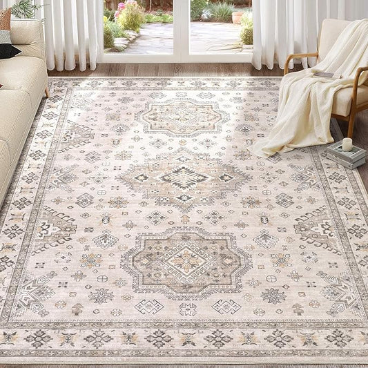 Washable Area Rugs for Living Room -10x14 Neutral Vintage Distressed Floral Farmhouse Boho Large Soft Floor Rug Indoor Non Slip Carpet for Living Room Bedroom Dining Room Office-Beige Brown