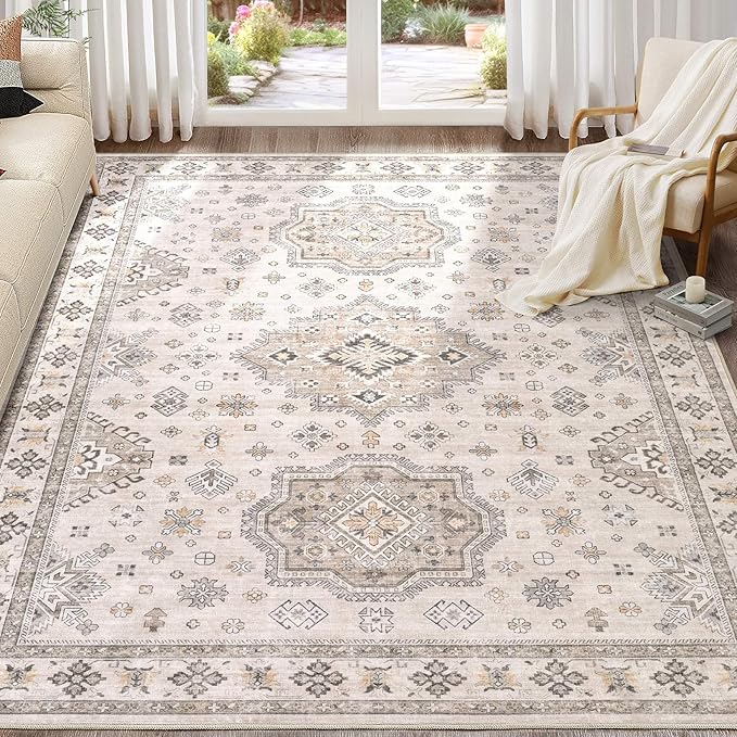 Washable Area Rugs for Living Room -10x13 Neutral Vintage Distressed Floral Farmhouse Boho Large Soft Floor Rug Indoor Non Slip Carpet for Living Room Bedroom Dining Room Office-Beige Brown
