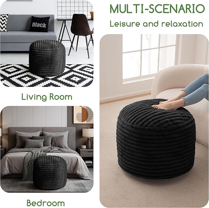 HIGOGOGO Round Stuffed Pouf Ottoman, Stripe Faux Fur Poufs with Foam Chunk Filling, Furry and Fluffy Pouf Foot Stool Storage Ottoman, 26 X 18 Floor Poufs Foot Rest for Living Room, Black