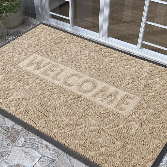 Yimobra Welcome Front Door Mat Outdoor, Heavy Duty Sturdy Non Slip Doormats, Rubber Backing, Low-Profile Entrance Rugs, Absorbent Resist Dirt, Easy Clean Patio Garage Floor Mats, 60X36 Inch, Beige