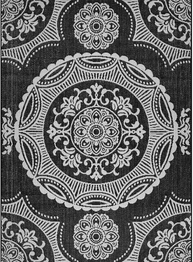 Medallion Outdoor Rug 10x14 Washable Outside Carpet for Indoor Patio Porch Waterproof Easy Cleaning Non Shedding Area Rugs Black 10 x 14