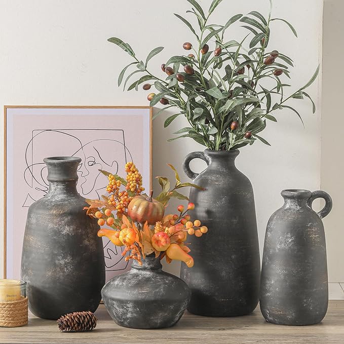 Ceramic Rustic Farmhouse Vase, 12.8" Large Rustic Black Pottery Vases Home Decor Decorative Boho Pampas Vase for Home Decor Table Living Room Decoration Shelf Mantel Enryway Kitchen