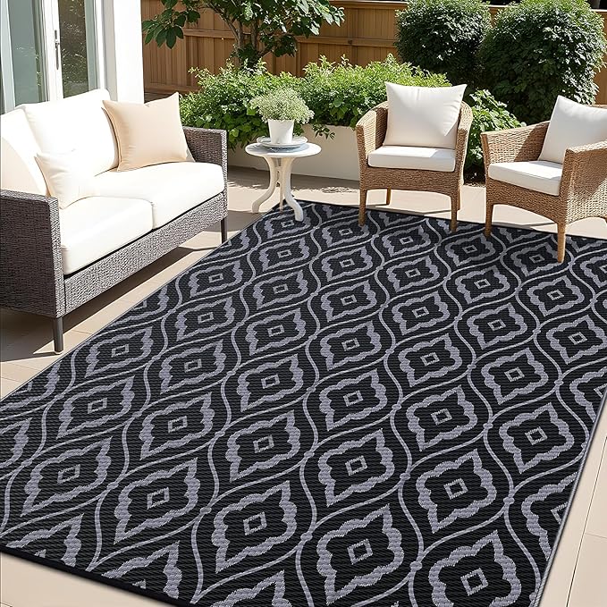 OLANLY Outdoor Rug 5x8 ft Waterproof, Outdoor Plastic Straw Rug with Geometric Pattern Clearance, Reversible RV Mat for Patio, Camping, Balcony, Deck, Backyard, Black & Grey