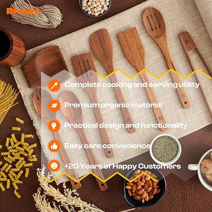 Riveira Teak Wooden Spoons for Cooking Set of 9 – Natural Teak Wooden Cooking Utensils, Wooden Spatula, Wooden Spoon - Premium Quality Wooden Utensil Set for Non-Toxic Cooking