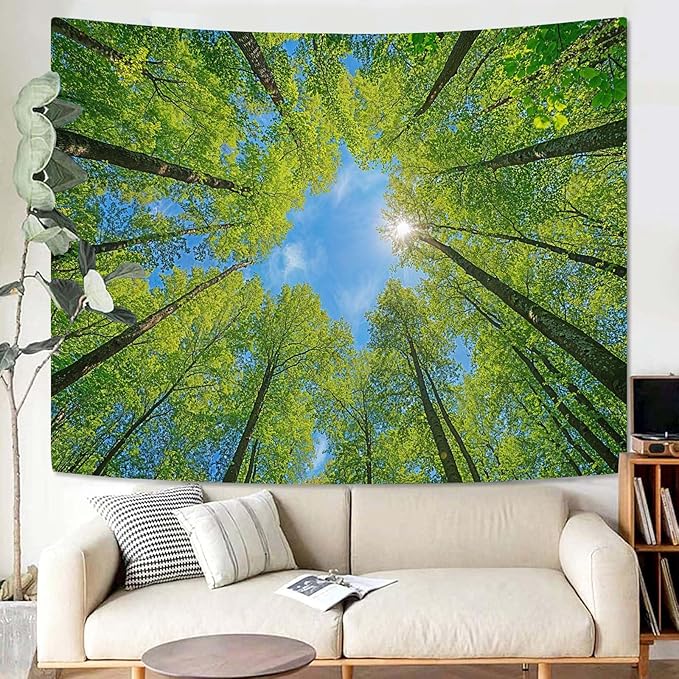 AMM Nature Forest Tree Celling Tapestry Lush Green Treetops Sunlit Tapestry for Bedroom Aesthetic Sky Sunlight Canopy Leaves Landscape Tapestries Wall Hanging for Living Room Dorm Office 60 x 44 Inch