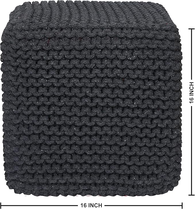 REDEARTH Cube Pouf Foot Stool Ottoman - Hand Knitted Coffee Table - Cotton Cord Boho Pouffe - Home Décor Poof - Stuffed Footrest for Living Room - Bedroom - Patio (16" x 16" x 16") - Dark Gray