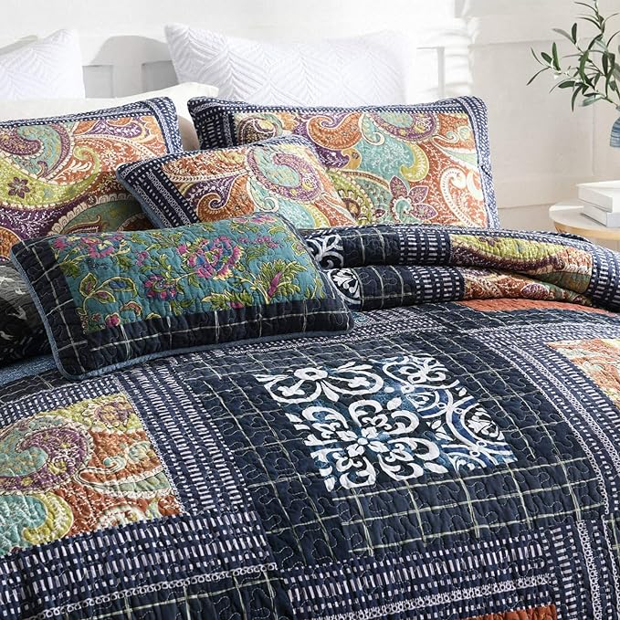 NEWLAKE Cotton Patchwork Bedspread, 3-Piece Bedding Quilt Set with Real Stitched Embroidery, Reversible Matelasse Bed Coverlet Set,Vintage Flowery Grid,King Size