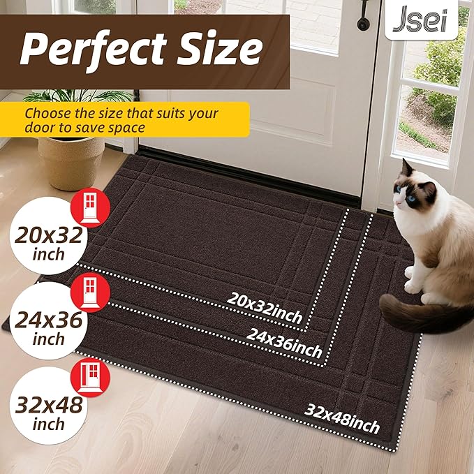 JSEI Entryway Rugs Doormat 24"x36", Non-Slip Dirt Trapper Door Mats Indoor, Washable Absorbent and Stain Resist Welcome Floor Mat for Front Door, Dog Door Mat, Muddy Wet Shoes & Paws, Brown