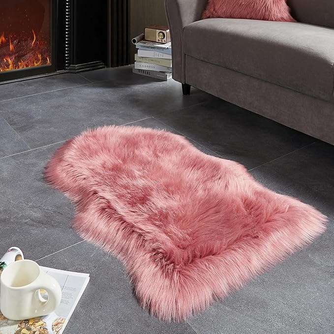 AMTOVO Faux Fur Rug, Blush Pink Small Area Rug, Fluffy Sheepskin Rug, Fuzzy Ultra Soft 2 x 3 ft Shag Rugs for Bedroom Sofa Throw Cushion Room Decor, Sheepskin
