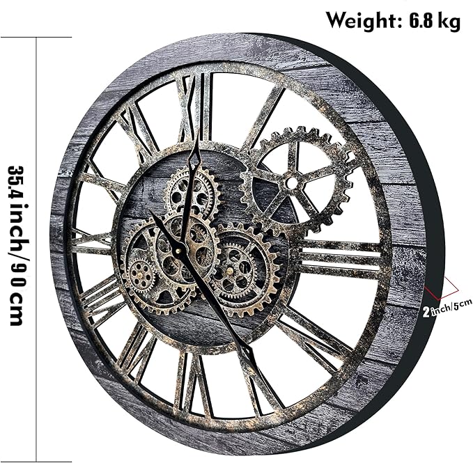 The B-Style Large Wall Clock 24 inch Moving Gear Wall Clock Oversized Vintage Farmhouse Wall Clocks for Living Room Decor Rustic Industrial Wood Clock (Carbon Gray, 36 inch/90cm)
