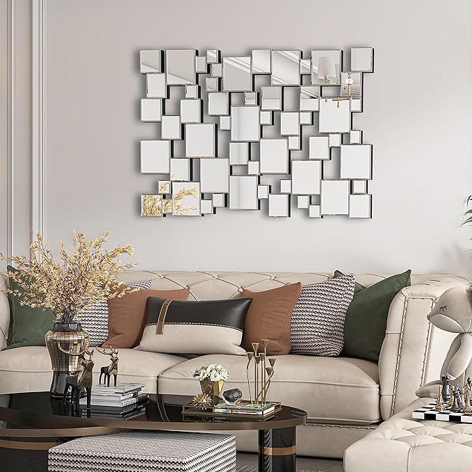 KOHROS Large Silver Wall Mirrors Decorative 48×32 Inch Modern Art Geometric Patchwork Mirror for Wall Decor, Living Room & Entryway Decor, 3D Space - Extending Wall - Mounted Mirror