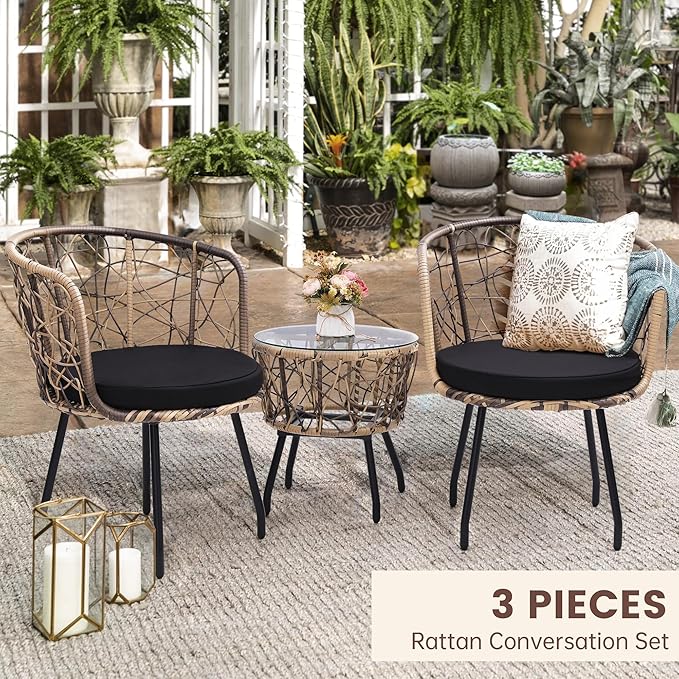 Kromax 3 Piece Bistro Set, Modern Outdoor Wicker Patio Furniture with Tempered Glass Table Top and 2 Chairs, Washable Cushions, Natural Rattan and Black Cushion