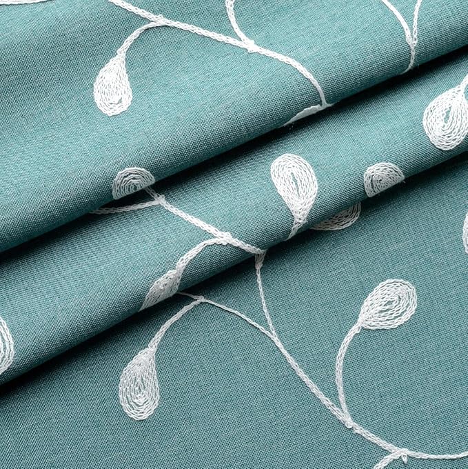 MIUCO Floral Embroidered Semi-Sheer Curtains Faux Linen Grommet Curtains for Living Room 52 x 84 Inch 2 Panels Set, Teal