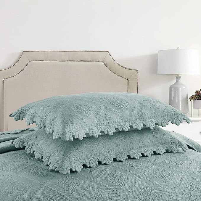 MarCielo 3-Piece 100% Cotton Oversized Bedspread Lightweight Quilt Coverlet Embroidery Farmhouse Bedding Set (Tk Aqua Green, Oversized King (118"x106"))