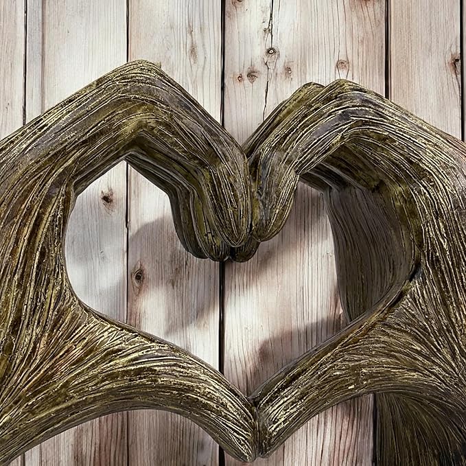 Top Brass Large Rustic Heart Hands Sculpture, 9 3/4” Resin Love Statue – Romantic Decor Accent for Shelf or Mantel – Perfect for Wedding, Valentine's Day or Anniversary (Rustic Wood Grain)