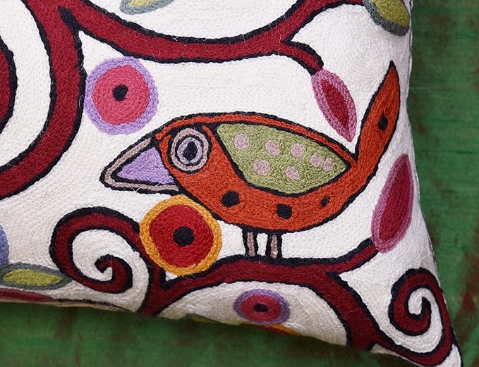 Cream Tree of Life Pillow Cover Birds White Floral Pillowcase Flower Accent Botanical Pillowsham Suzani Cushions Modern Plant Floral Cushion Hand Embroidered Wool Size 18x18