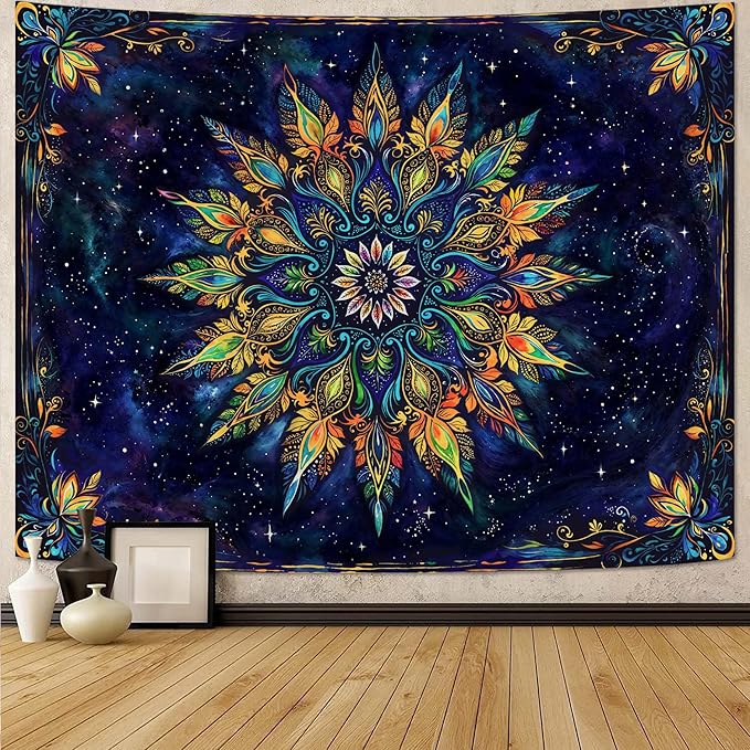 Fowocu Boho Floral Mandala Tapestry for Bedroom Aesthetic Blue Bohemian Colorful Flower Wall Tapestry Purple Hippie Indian Small Tapestries Wall Hanging for Living Room Dorm Decor 40 x 30 Inch