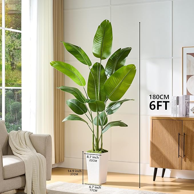 Fake Bird of Paradise Silk Artificial Plant Faux Banana Leaf Tree Lifelike Bird of Paradise for Home Decor Indoor Floor Plant with 10 Trunks (1, White Tall Planter, 6 FT)