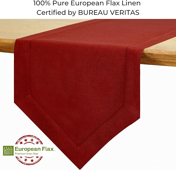 D'Moksha Homes Red Linen Table Runner 90 Inches Long - 100% Pure Linen Diamond Table Runner 14 x 90 Inch for Dining, Fall and Halloween - Machine Washable