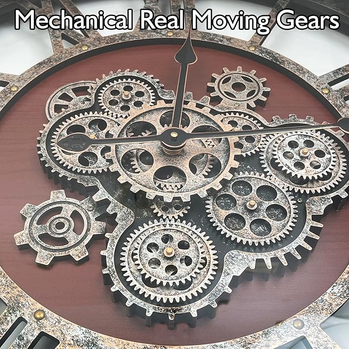 DORBOKER 24" Original Moving Gears Wall Clock, Large Industrial Wall Clock for Living Room Decor,Oversized Wood Vintage Farmhouse Steampunk Rustic Clocks for Wall Decor,Black Walnut